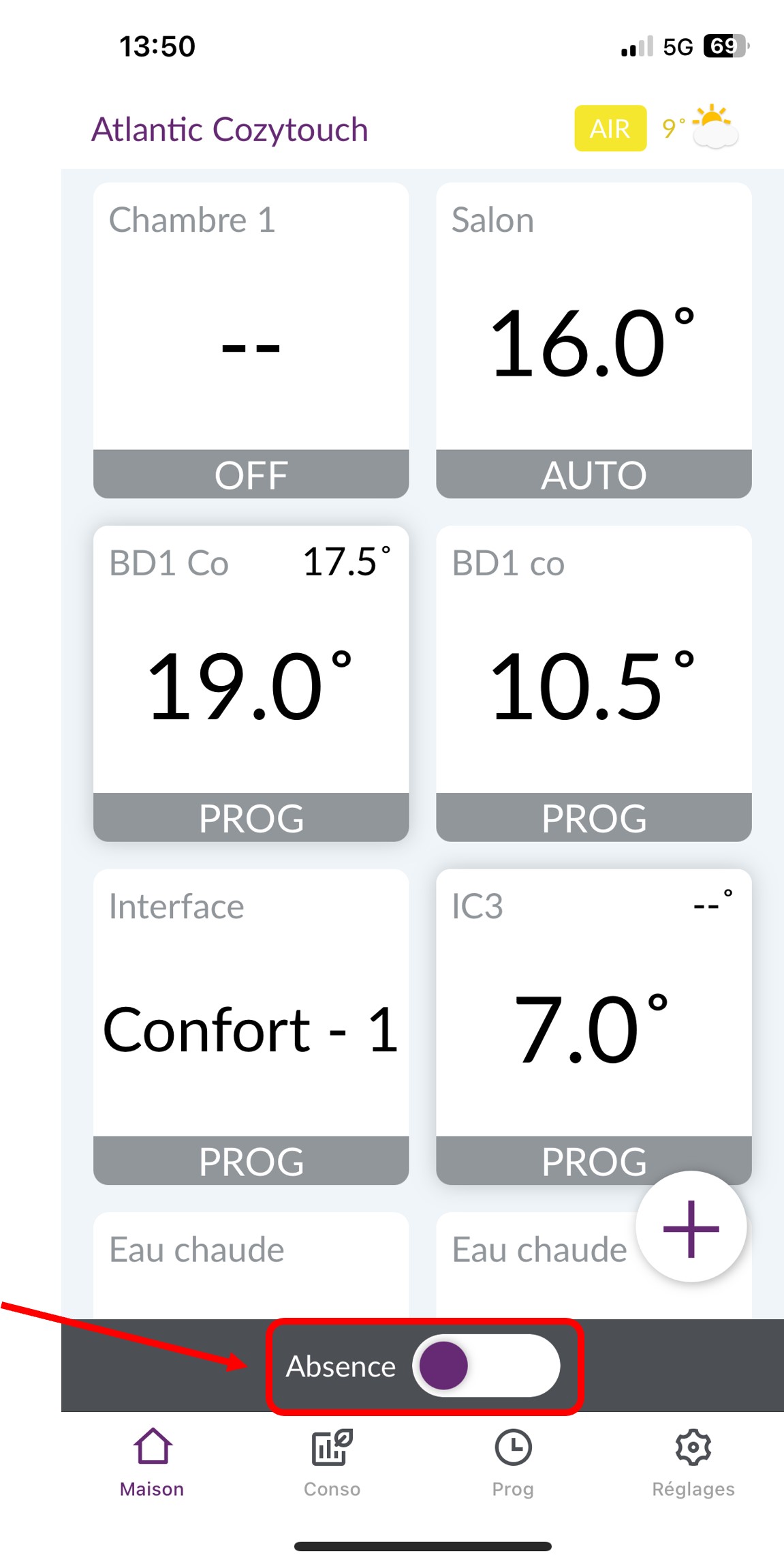 Application Atlantic Cozytouch : mode absence