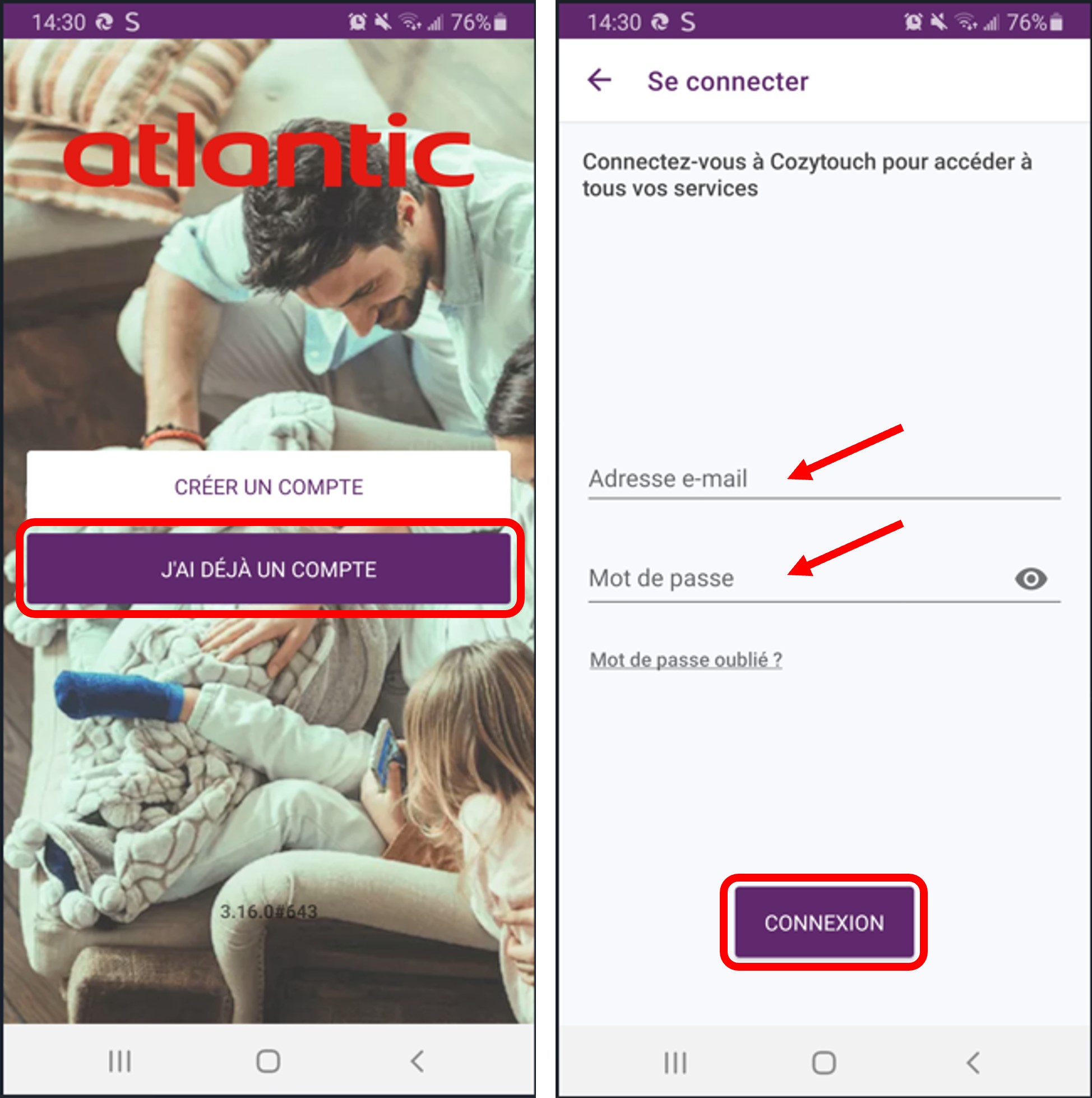 Application Atlantic Cozytouch : connexion à son espace personnel