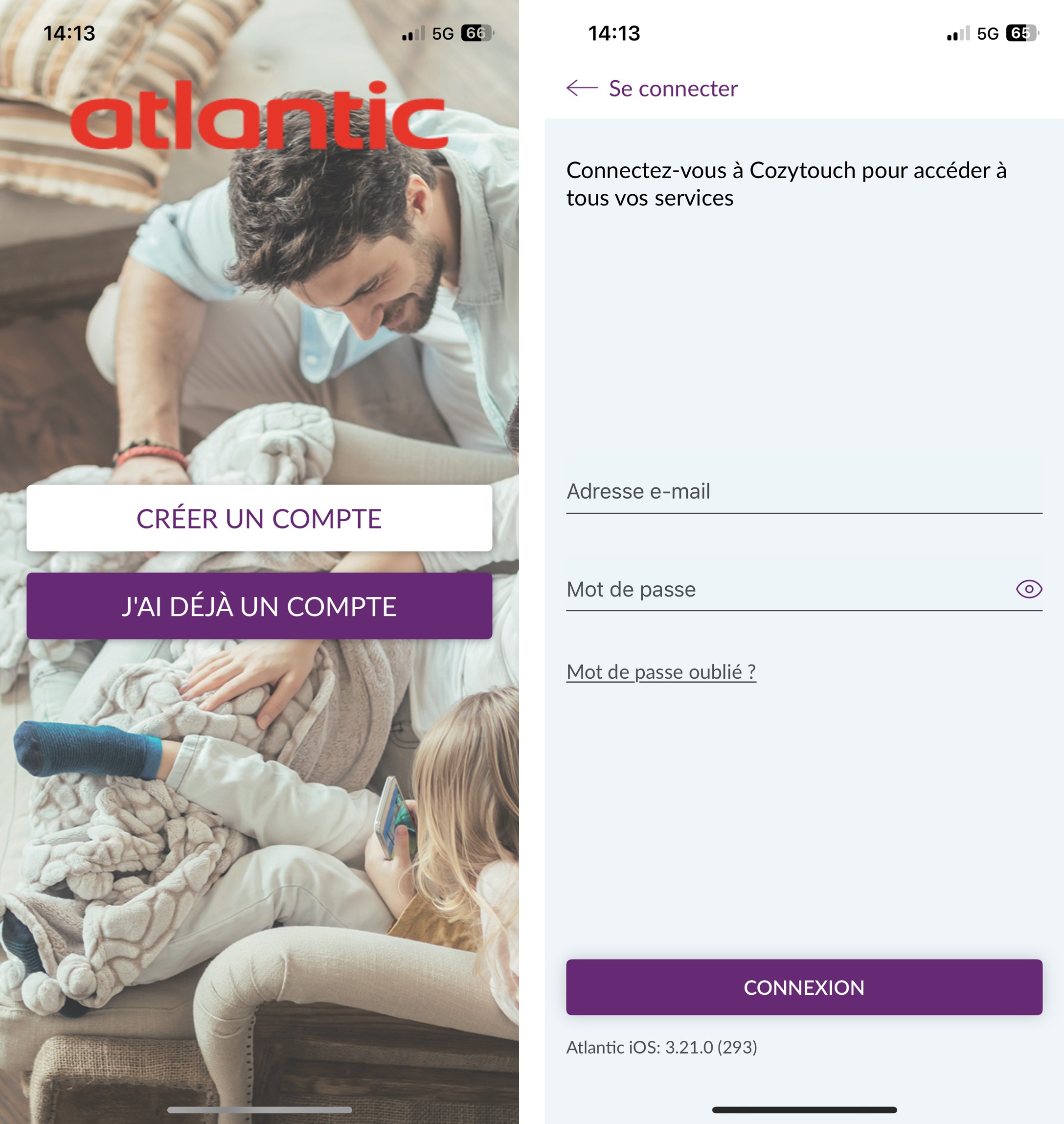 application atlantic cozytouch : connexion à un compte