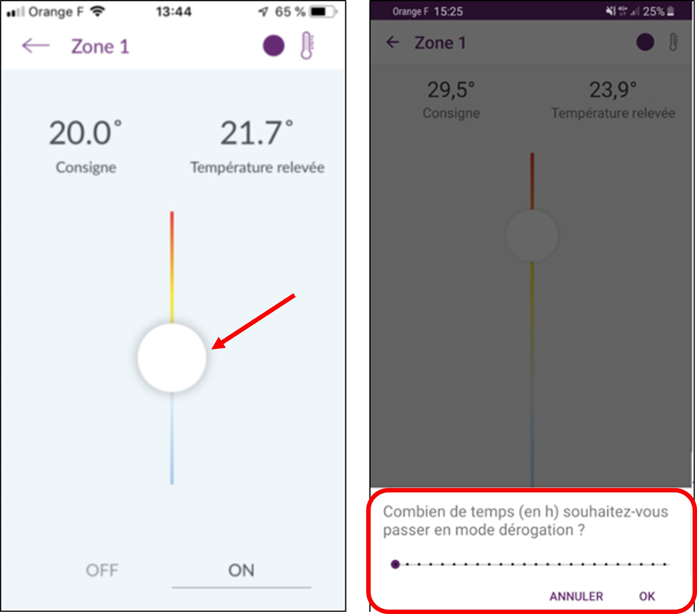 Application Atlantic Cozytouch : changement temporaire de la température