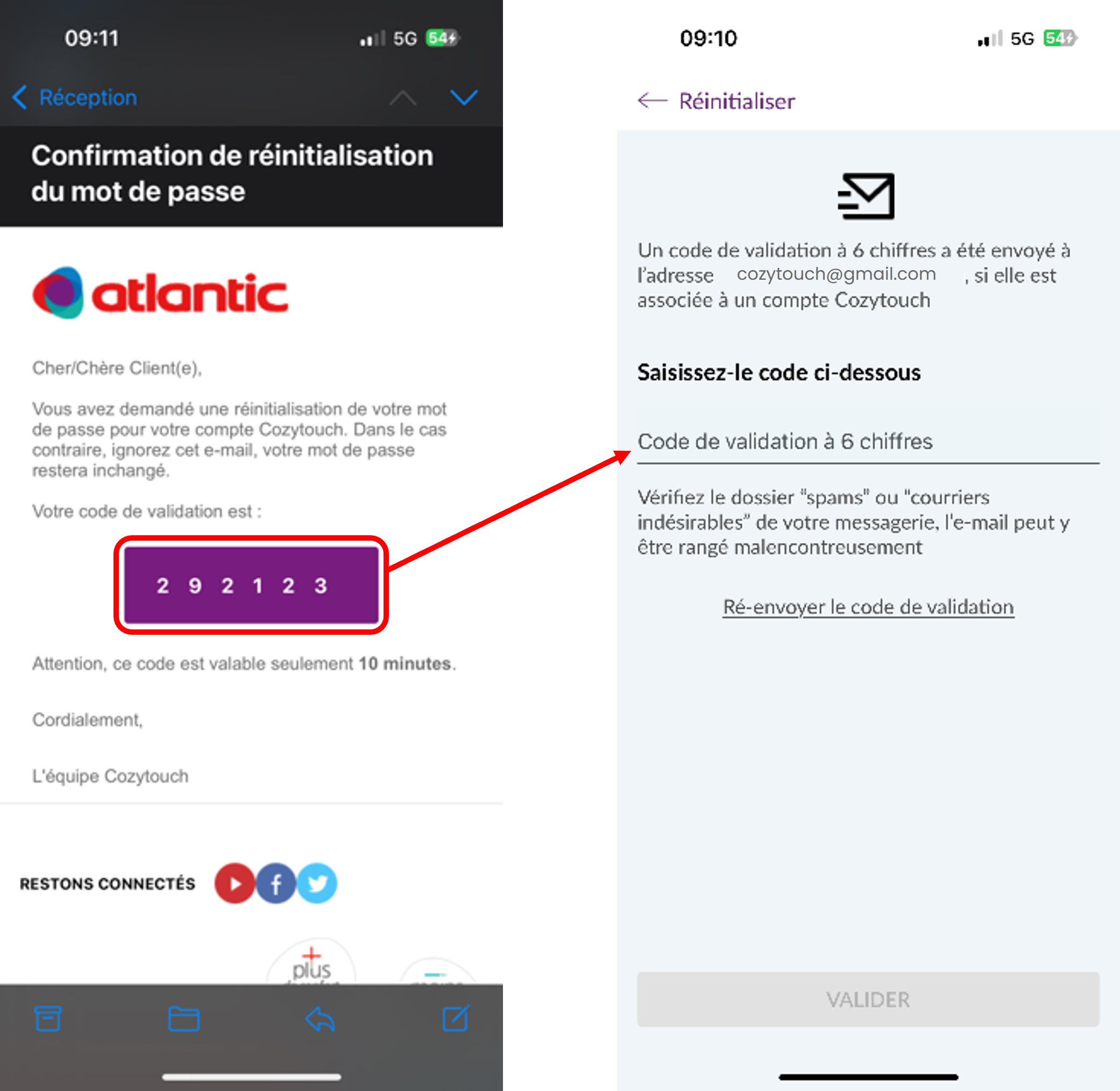 atlantic cozytouch : code à 6 chiffre réinitialisation d'un mot de passe oublié