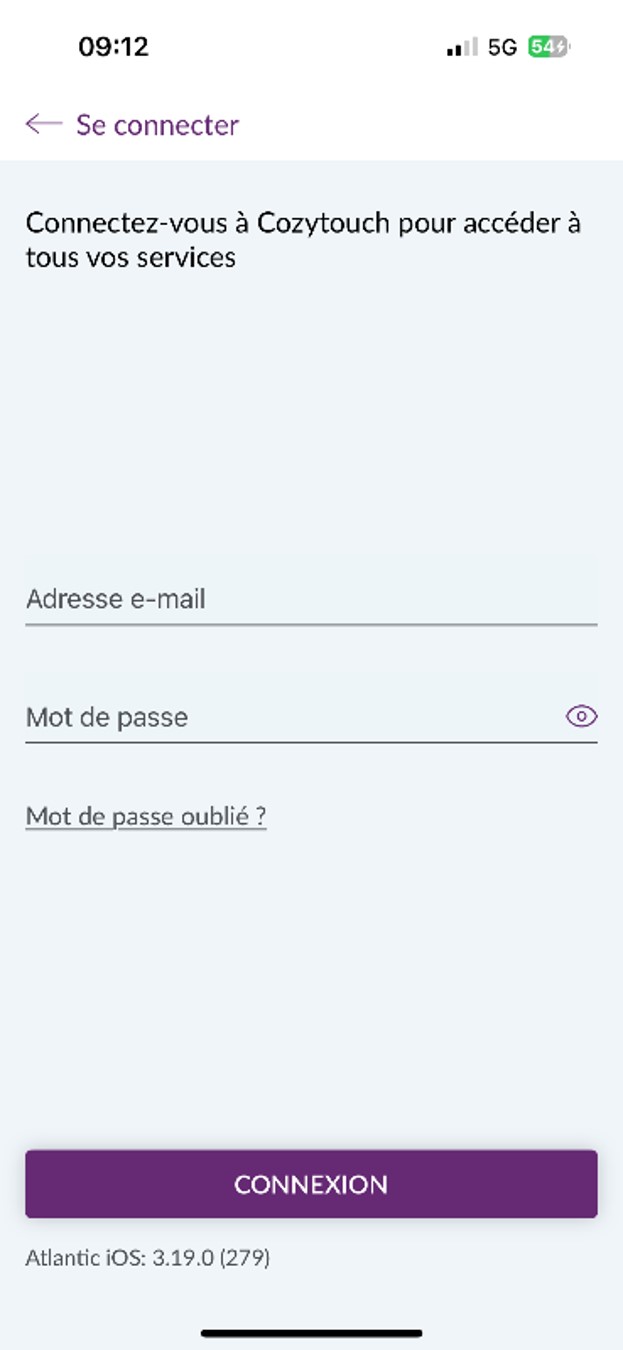 Atlantic Cozytouch : connexion à un espace personnel (adresse email et mot de passe)
