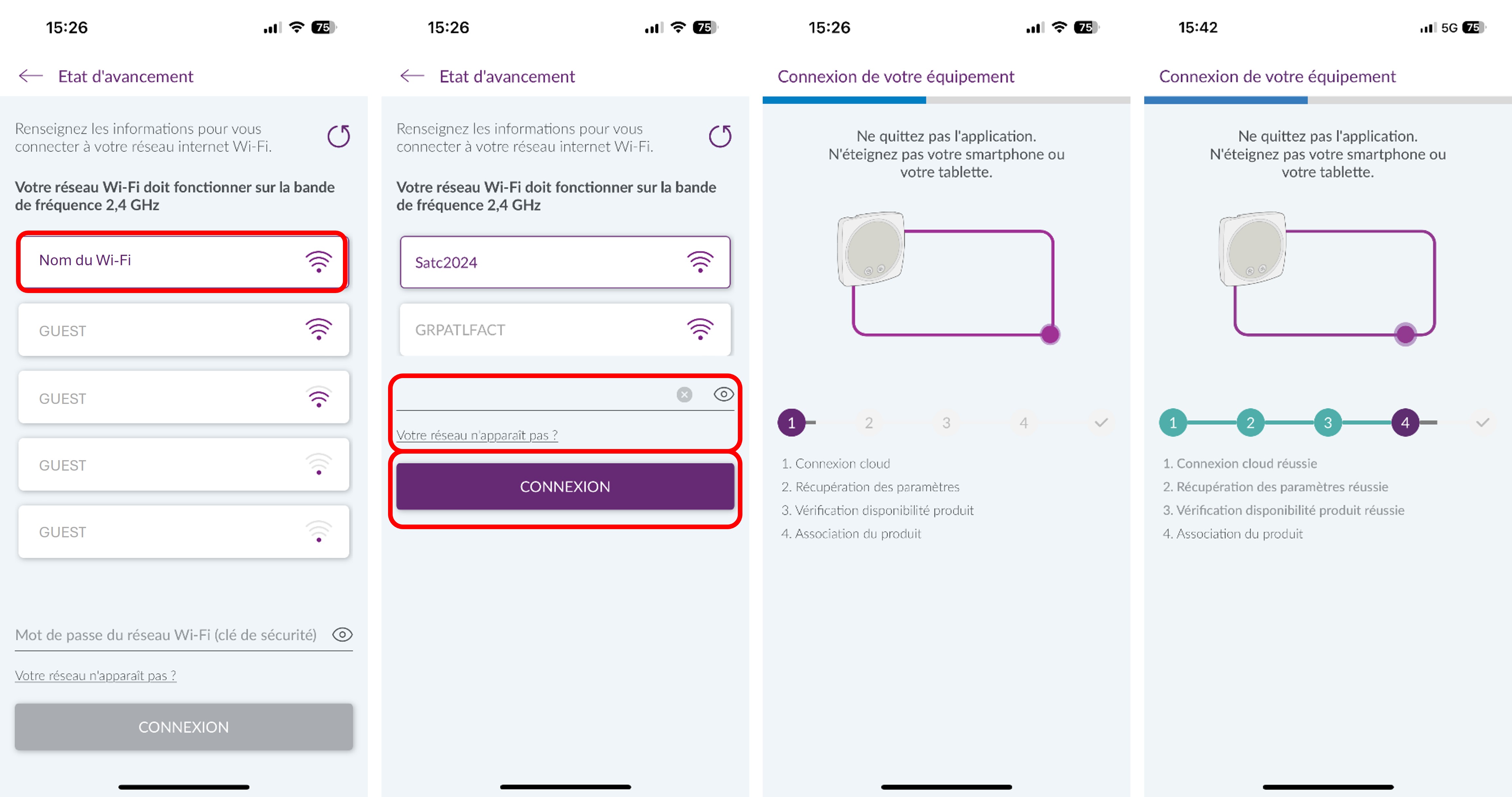 Application Atlantic Cozytouch : sélection de votre réseau Wi-Fi pour finaliser l'appairage votre Hub Cozytouch à votre compte.