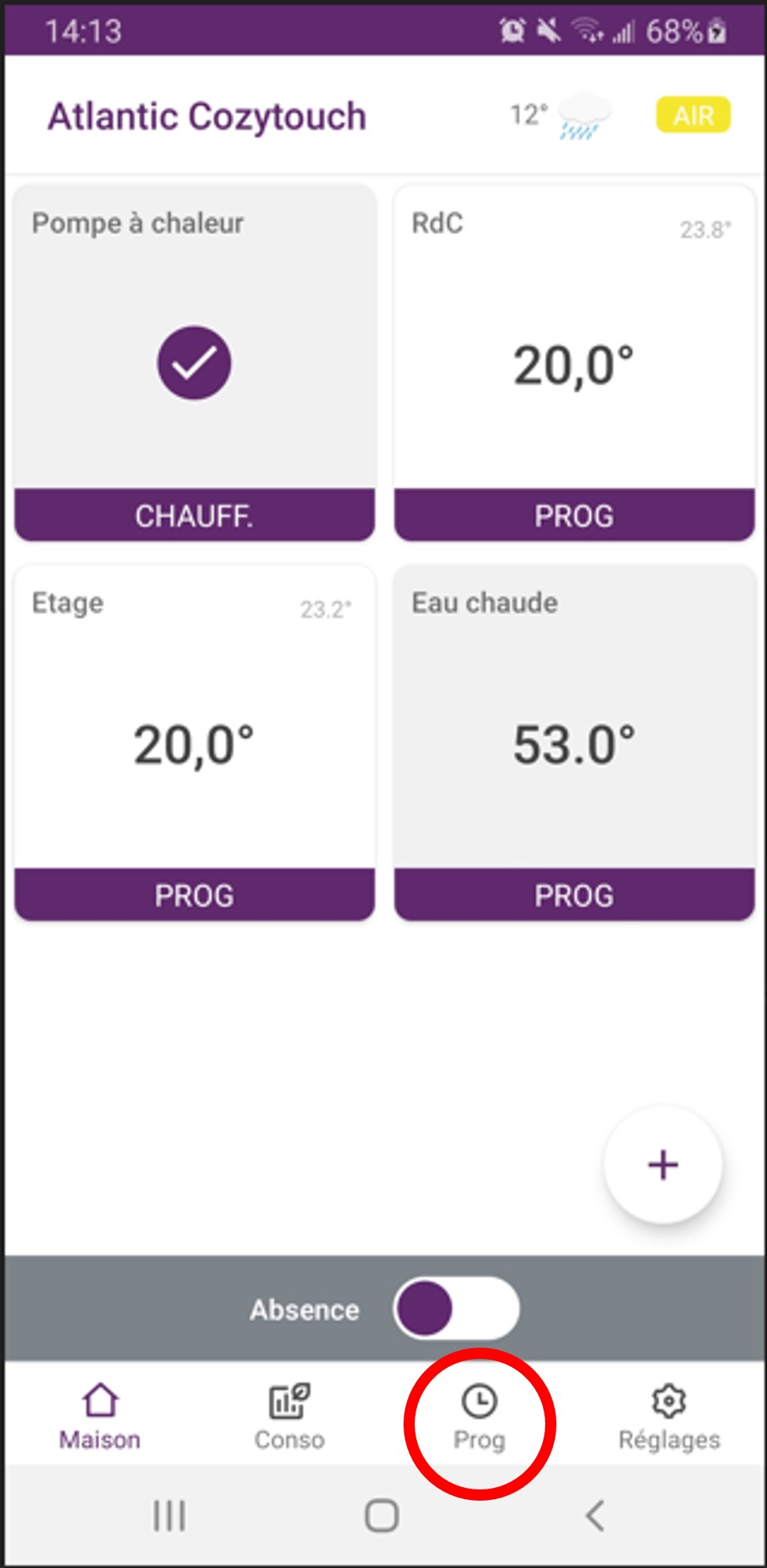 Application Atlantic Cozytouch : rubrique programmation