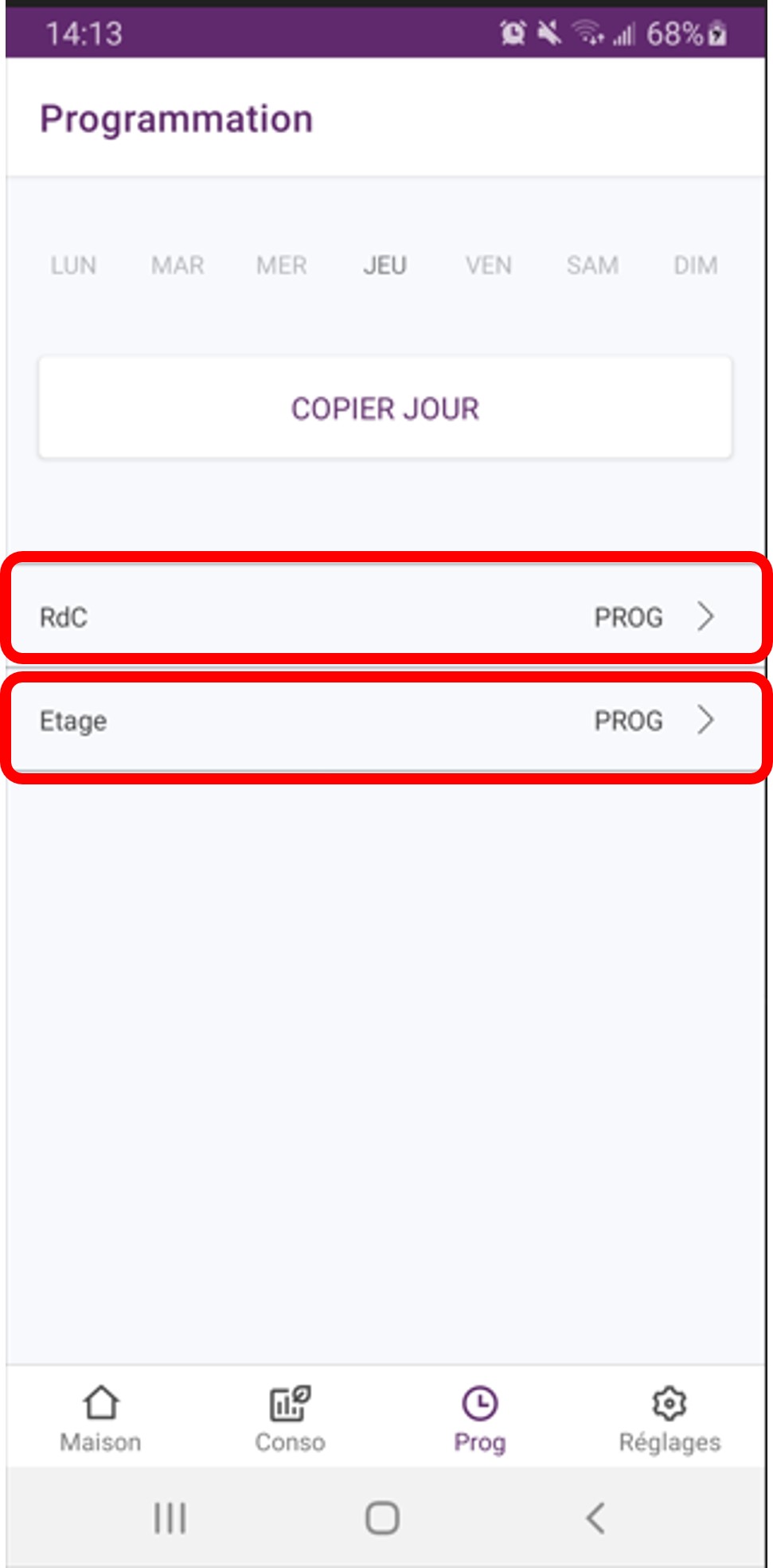 Application Atlantic Cozytouch : sélection de la zone de chauffe concernée