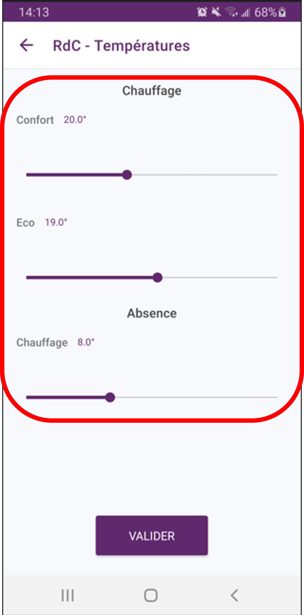 Application Atlantic Cozytouch : changement des températures