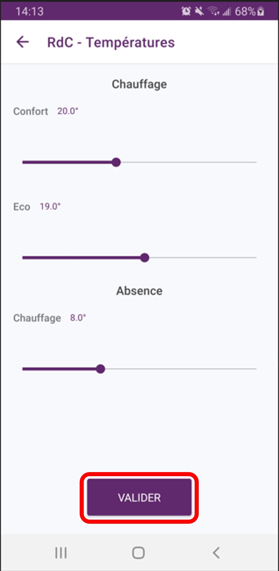 Application Atlantic Cozytouch : valider les changements de températures