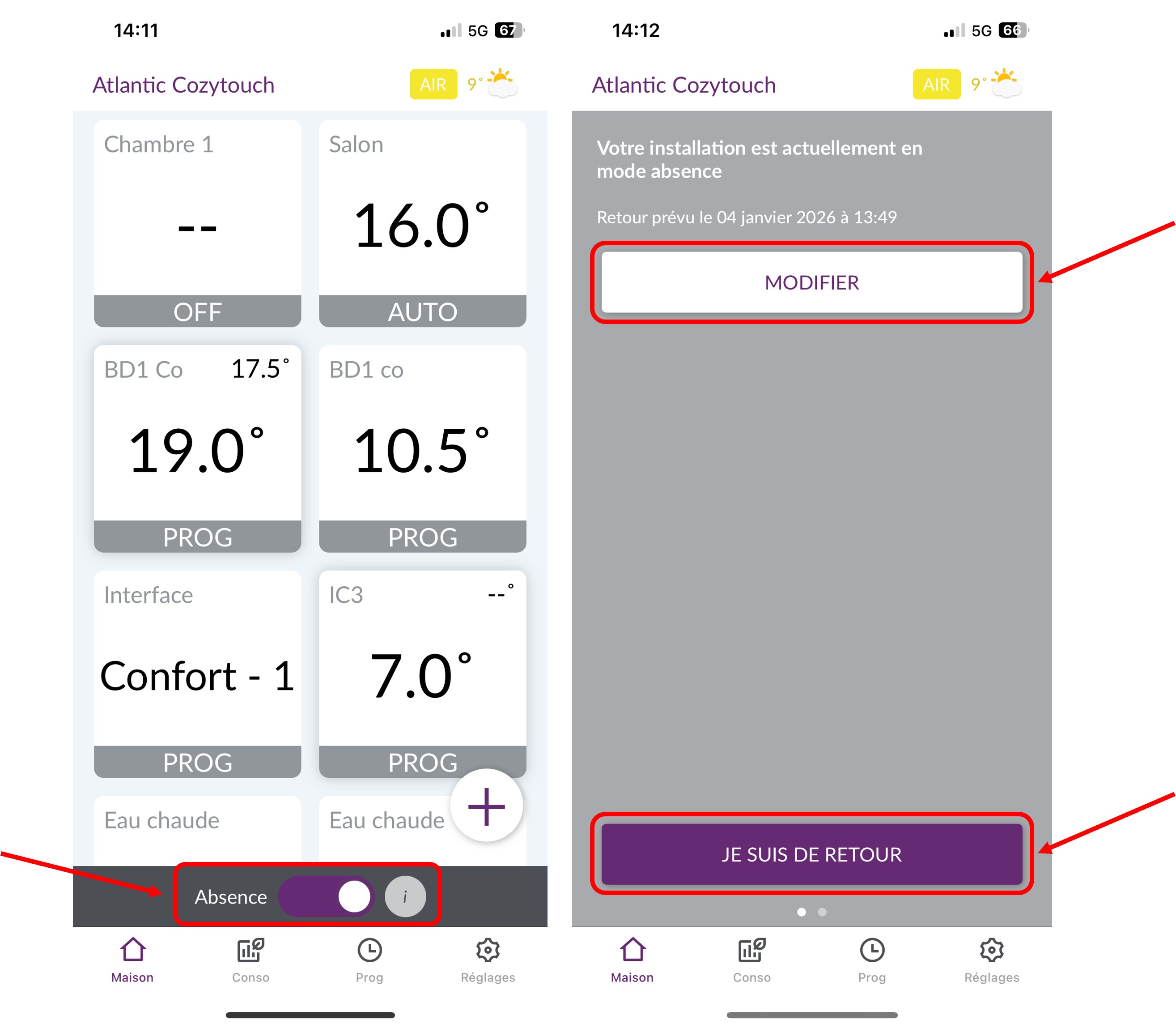 Application Atlantic Cozytouch : supprimer ou modifier une absence