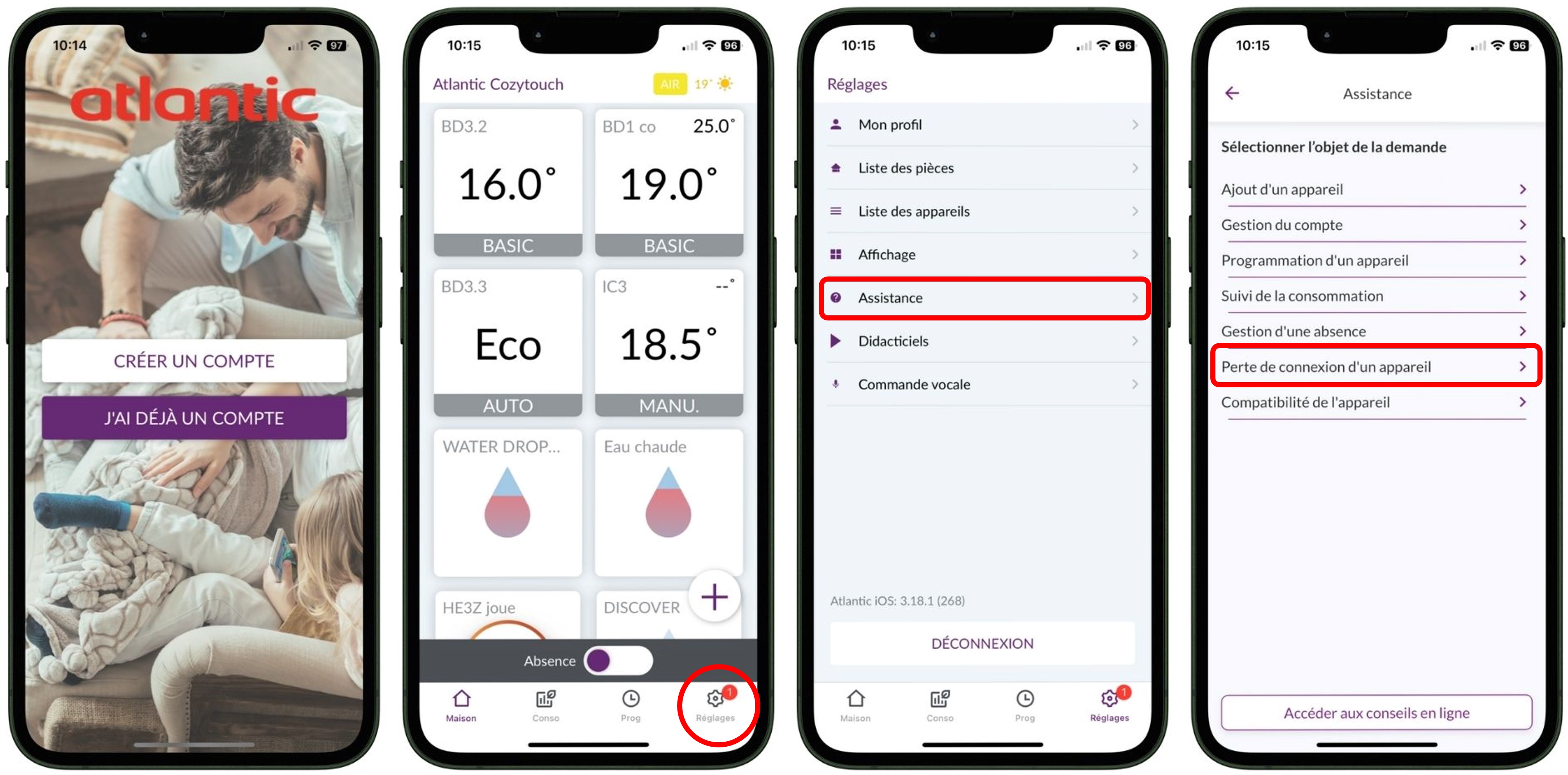 Application Atlantic Cozytouch : étapes pour accéder au guide utilisateur « Perte de connexion d’un appareil »